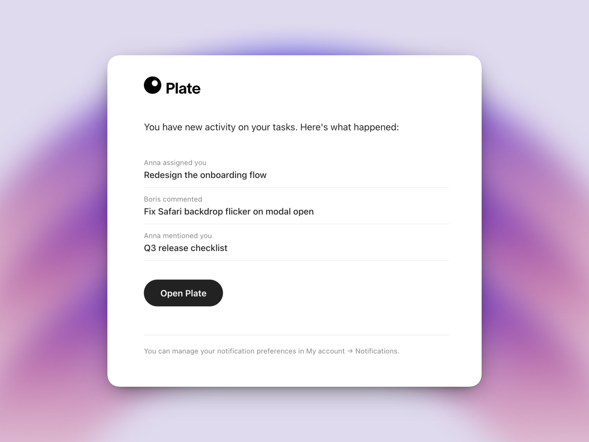 Plate notification email