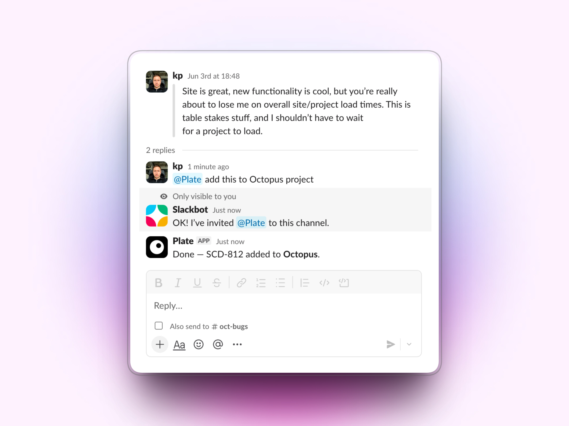 Asking the @plate agent to create a task in a Slack thread