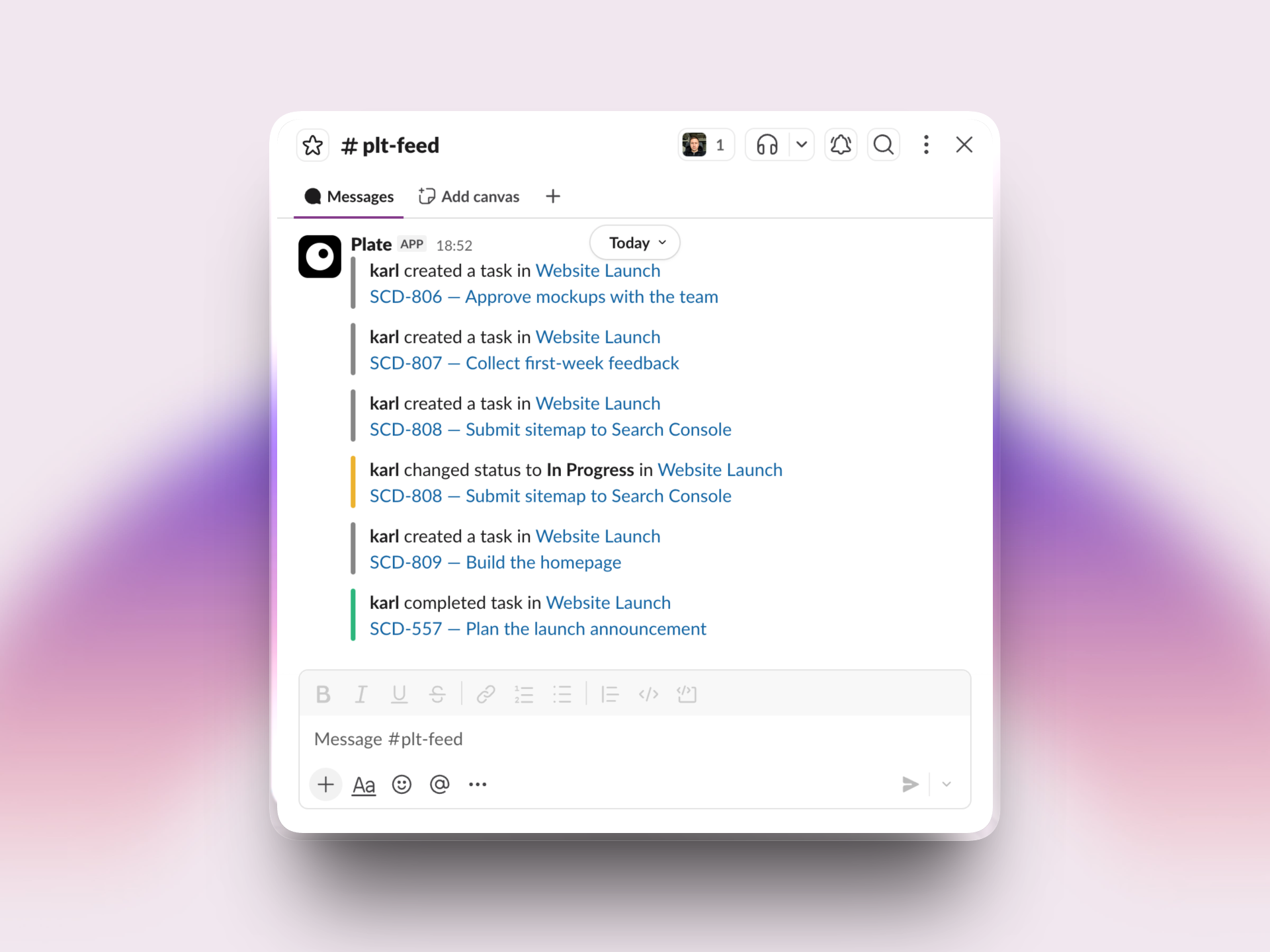 Plate task-update cards in a Slack channel
